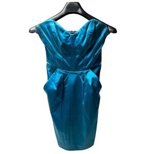 Women's Dress, Turquoise Satin Strapless Dress w/ Pockets, Bebe Size S